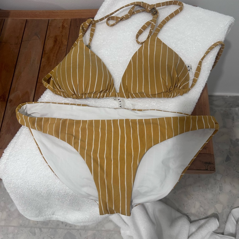 Vitamin A Gia Triangle Bikini Top Luciana Bottoms Yellow Marigold Dorado Stripe